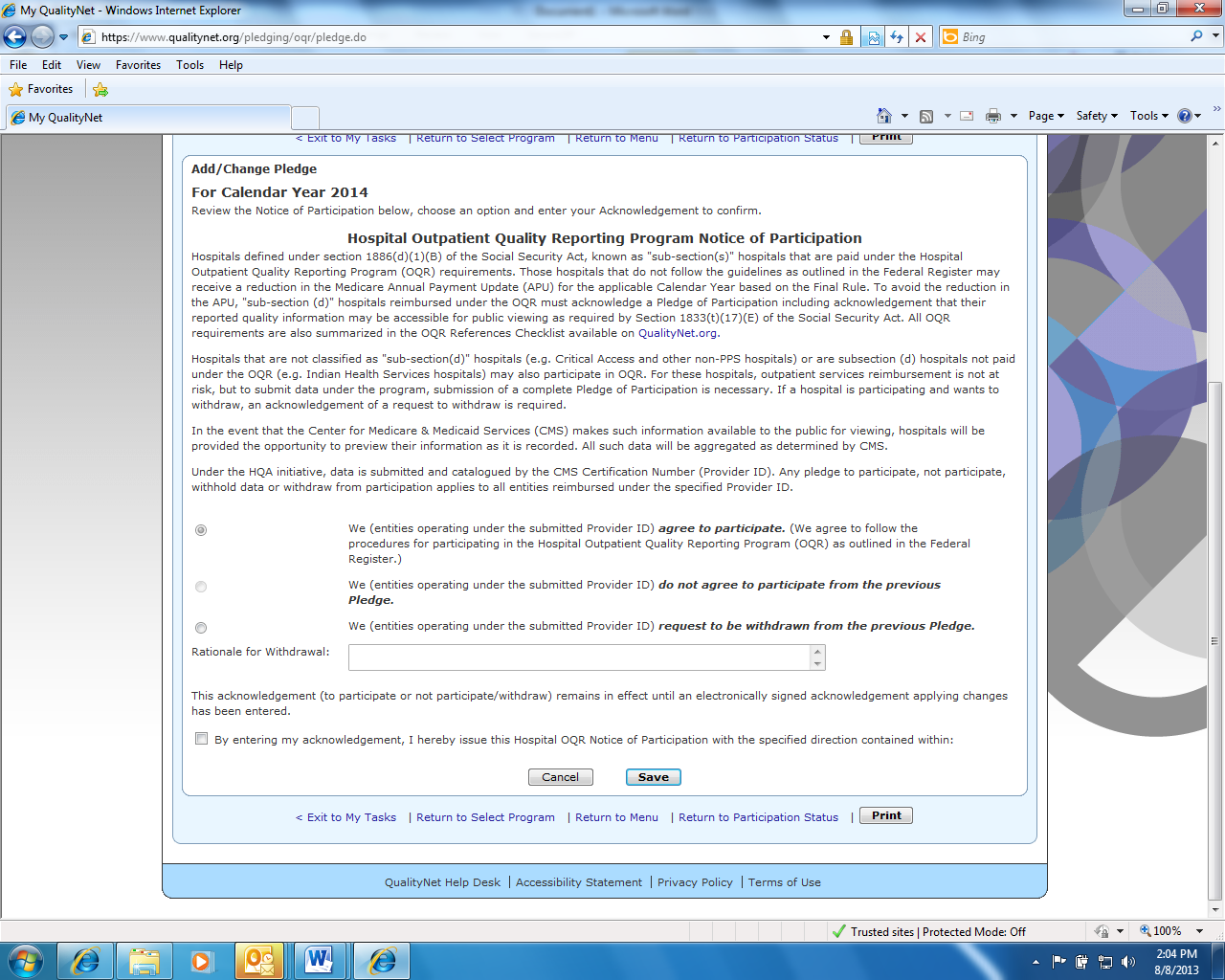 Screenshot of QualityNet.org: Add/change pledge for calendar year 2014 - Hospital Outpatient Quality Reporting Program Notice of Participation. Bottom half of the page (refer to previous picture).