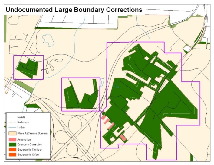 Example 16:  Without the appropriate documentation, the Census Bureau will not accept large boundary corrections.
