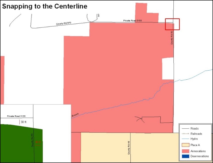 Example 13: This is an example of an annexation created without snapping to existing centerlines in MAF/TIGER.  