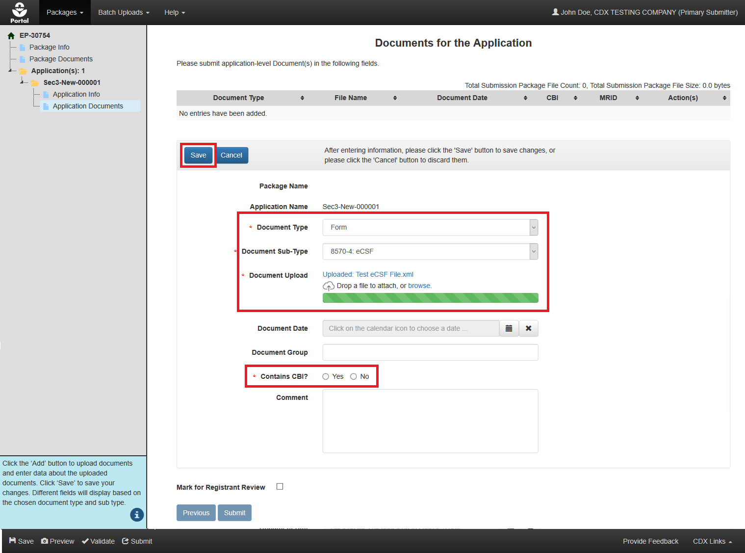 ‘Documents for the Application’ Screen – Upload eCSF File