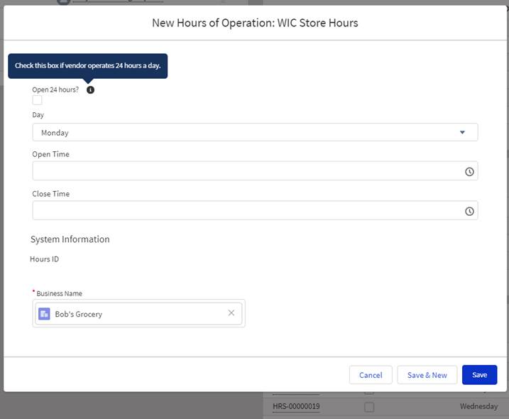 Hours of Operation Data Entry Screen